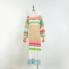 Women Colorful Contrast Color Long-Sleeved Knitted Dress