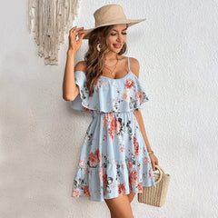 Sexy Small Floral Waist Ruffled Cami Vacation Dress