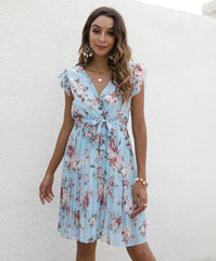 V neck Waist Lace up Printing Vacation Dress