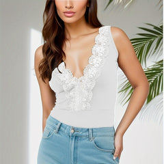 Summer Sexy Slim V neck Lace Rib Sleeveless Bodysuit