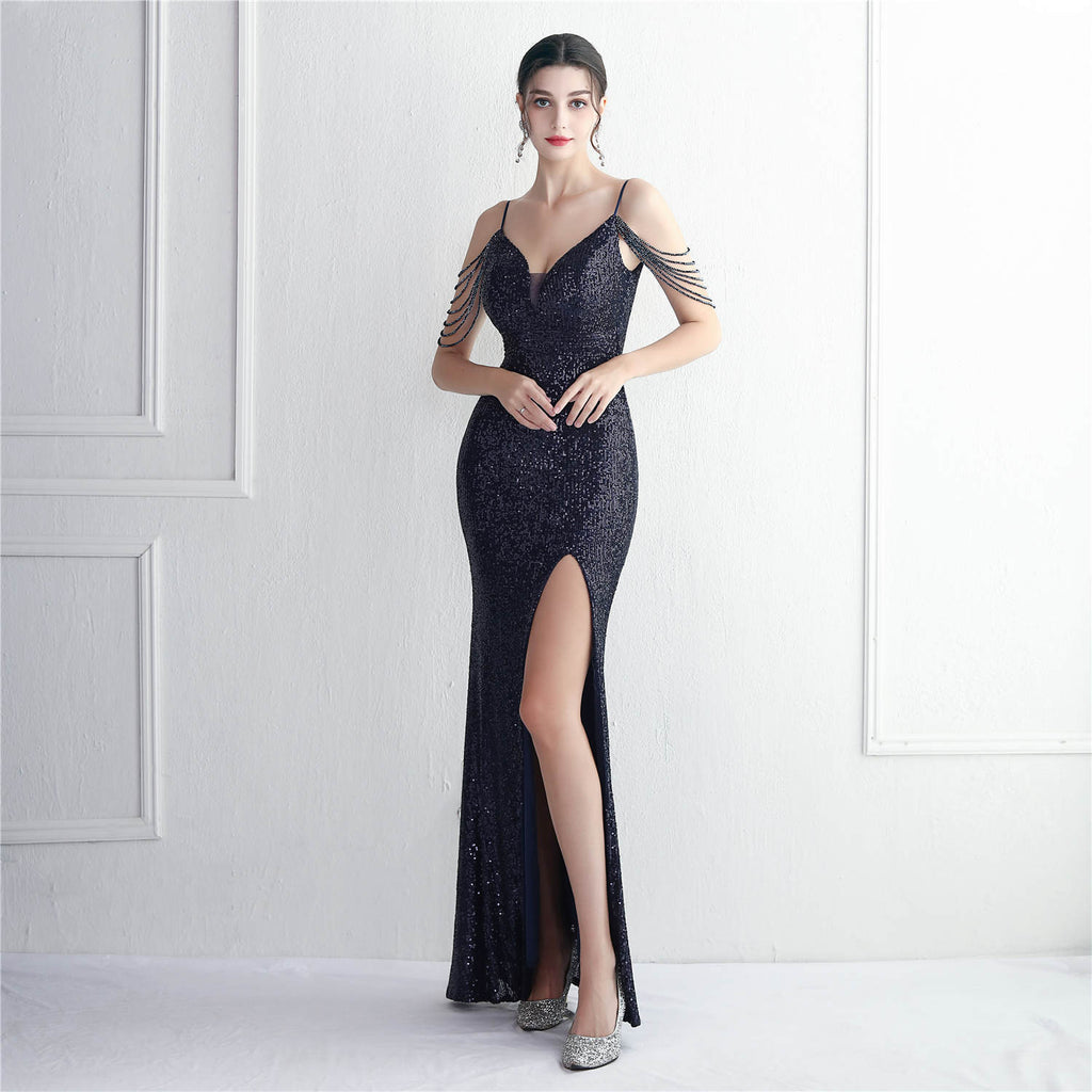 REVCHIC LUXE Elegant V-Neck Sequin Split Maxi Gown