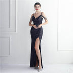 REVCHIC LUXE Elegant V-Neck Sequin Split Maxi Gown