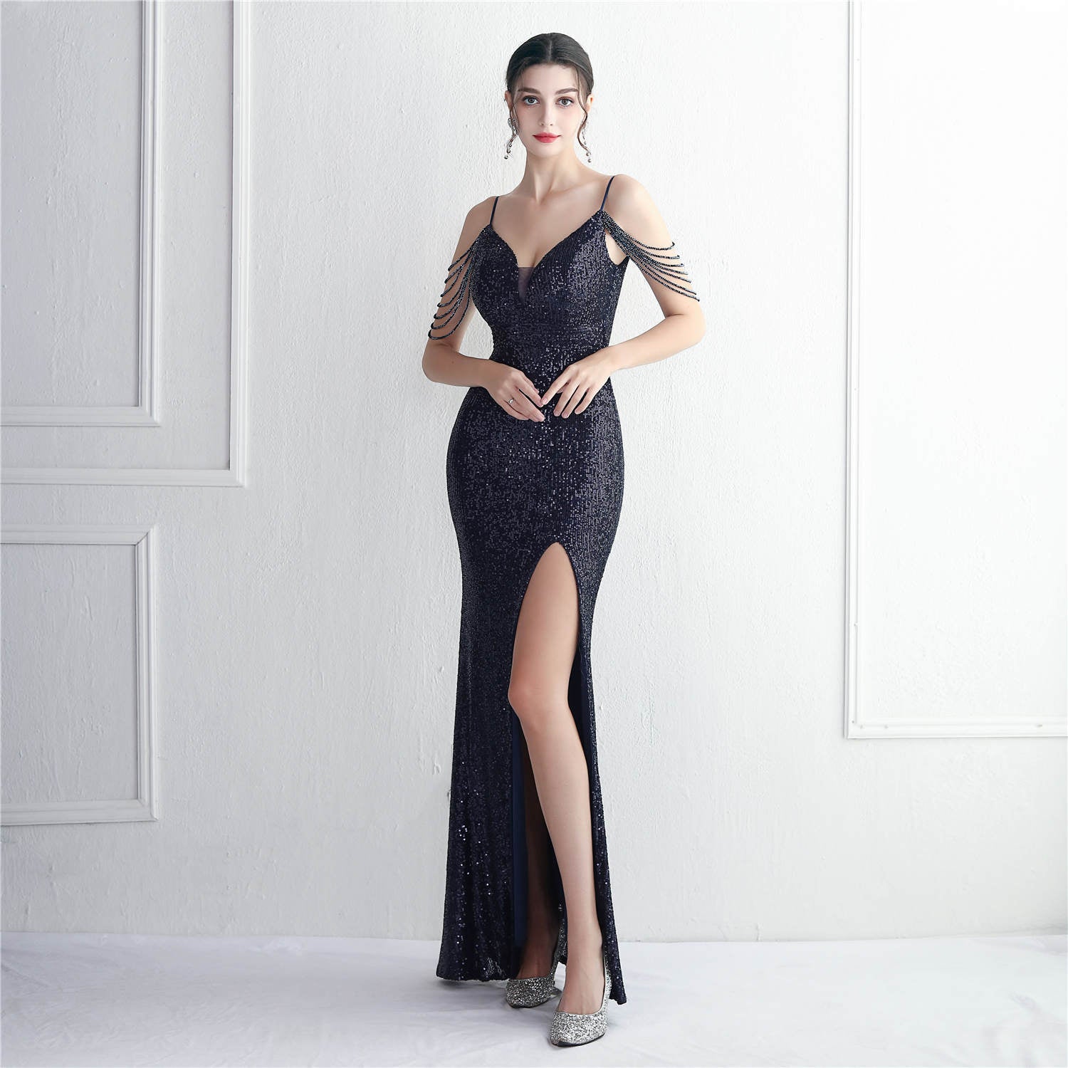 REVCHIC LUXE Elegant V-Neck Sequin Split Maxi Gown Secondary image