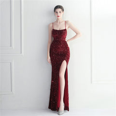 Elegant Velvet Bottom Sequin Halter Evening Dress