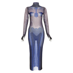 Sexy Blue Mesh Turtleneck Sheath Long Sleeve Printed Party Dress