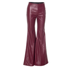 Women Faux Leather Stitching Tight Flared Pants