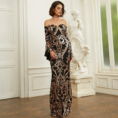 Long Sleeves Graphic Sequined Evening Dress