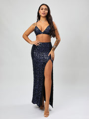 Sexy Sequined High Slit Skirt Set