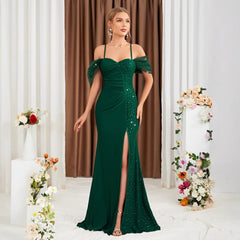 Off Shoulder Sequin Slit Slim Fit Straps Evening Dress