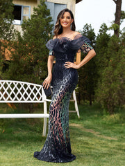 Off Shoulder Sequined Lotus Leaf Evening Dress