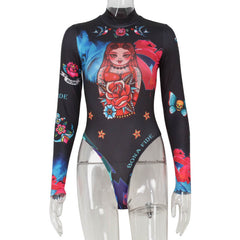 Long Sleeve Half Turtleneck Printed Thin Bodysuit