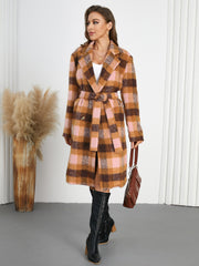 Women Double Breasted Color Contrast Check Woolen Coat