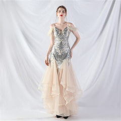 Elegant Ostrich Feather Mesh Floral Sequin Formal Dress