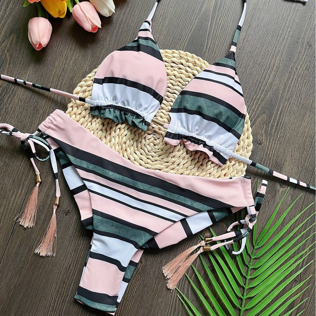 Printed Split Sexy Braid Rope Triangle Swimsuit