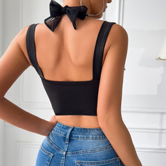 Sexy Pearl Mesh Chest Boning Corset Halter Crop Top