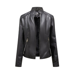 Women Stand Collar Casual Leather Motorcycle Jacket