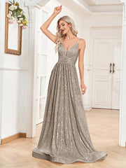 Sexy Backless Deep V Plunge Neck Sequined Evening Dress