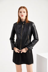 Women Graceful Stand Collar Faux Leather Jacket