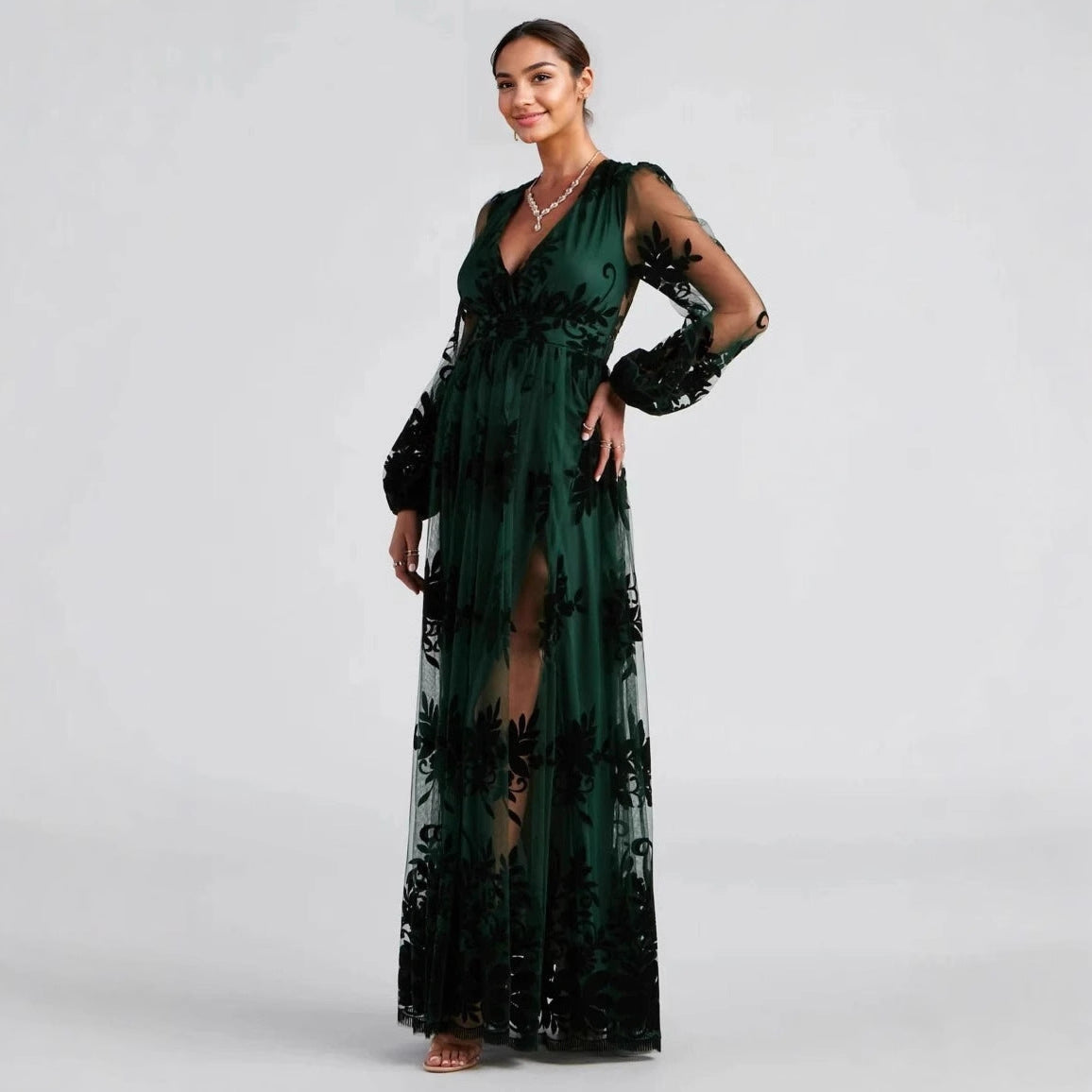 Sexy High Split Long Sleeves Lace Evening Dress