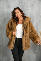 Solid Color Loose Hooded Short Fur Collar Coat