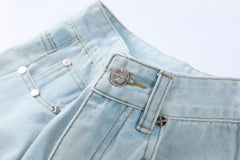 Light Blue Tassel Raw Hem Ripped A line Denim Shorts