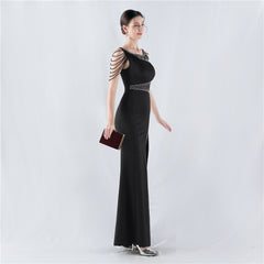 Elegant Embroidery Drilling Sheer Mesh Satin Evening Dress