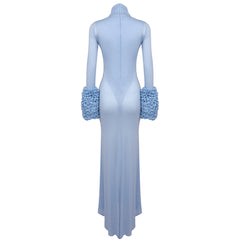 Long Sleeve Light Blue Tencel Mesh Oversleeve Formal Dress