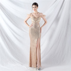 Elegant Ostrich Feather Sequin Evening Dress