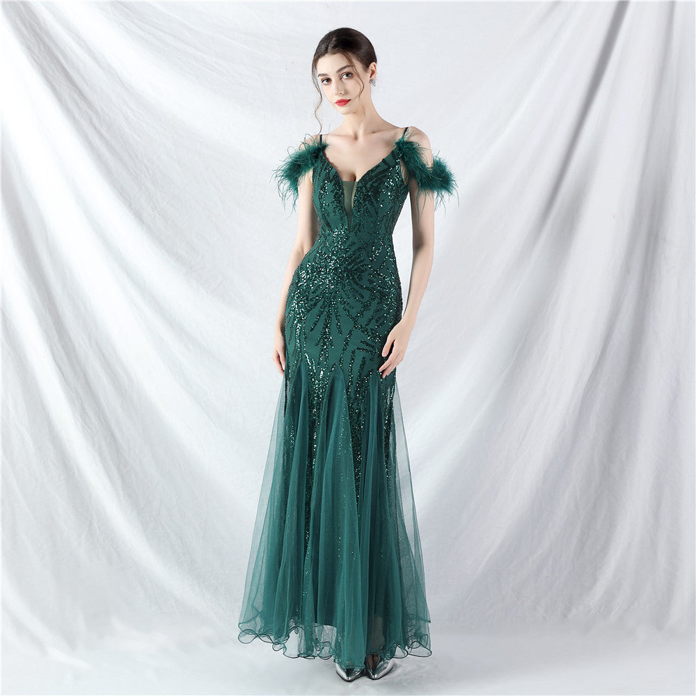 Elegant Ostrich Feather Mesh Sequin Evening Dress