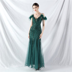 Elegant Ostrich Feather Mesh Sequin Evening Dress