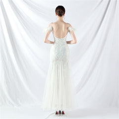 Elegant Ostrich Feather Mesh Sequin Evening Dress