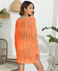 Hollow Out Woven Long Sleeve See Through Beach Cover Up