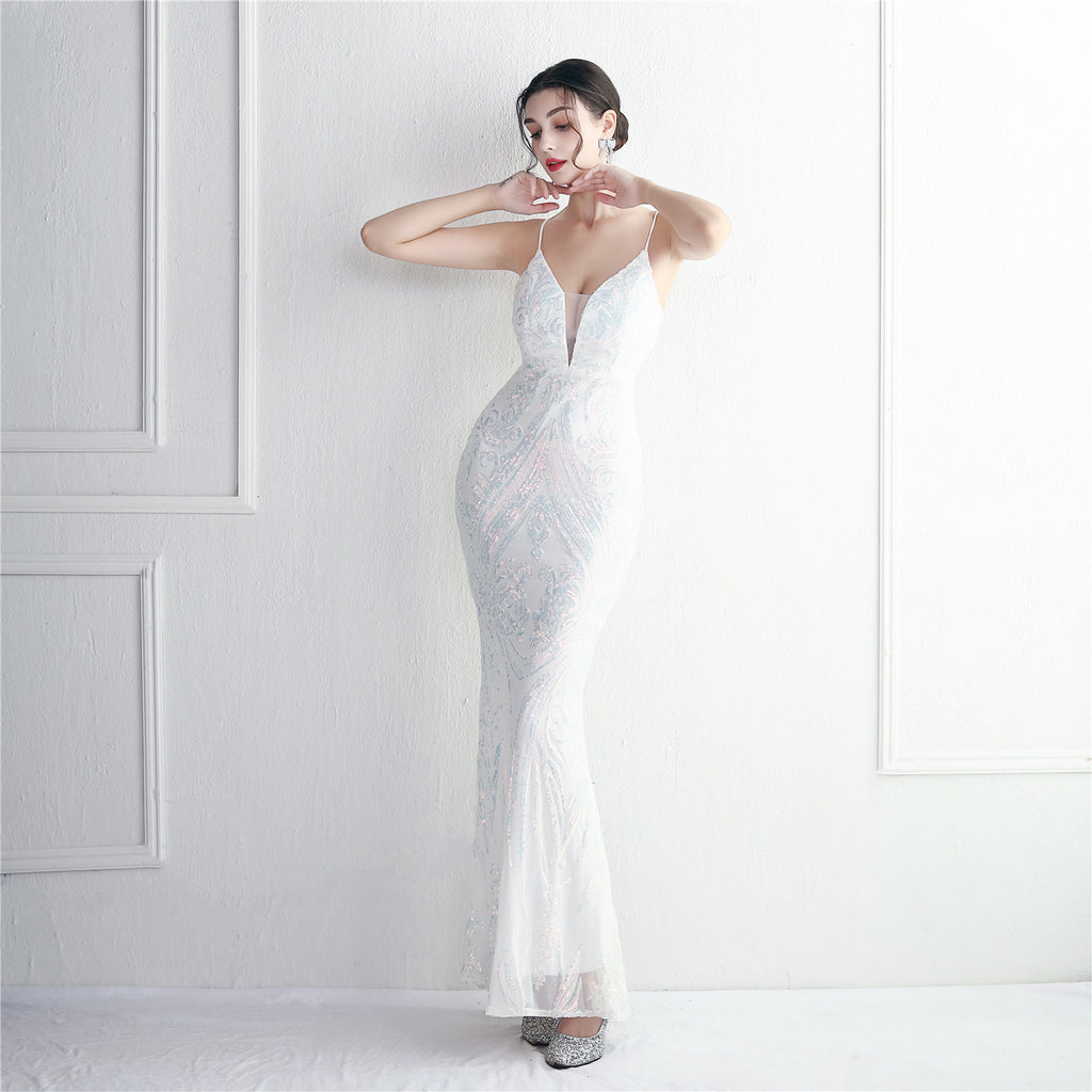 REVCHIC LUXE Elegant V-Neck 3D Floral Sequin Maxi Gown