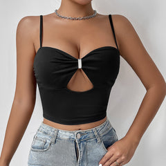 French Sexy Low Cut Solid Color Stitching Buckle Cutout Top