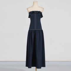 Elegant Denim Ruffled Tube Top Daily Dress