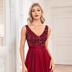 Women Chiffon Double V Neck A Line Sequin Evening Dress