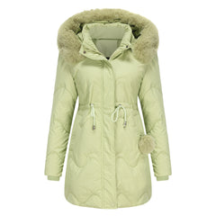 Women Detachable Hat Wool Warm Parka Mid Length Coat