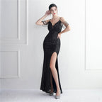 REVCHIC LUXE Elegant V-Neck Sequin Split Maxi Gown