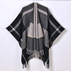 Classic Lines Plaid Shawl Thick Knit Cardigan Cloak