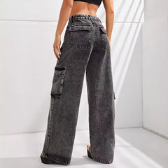 Women High Waist Large Pocket Denim Jeans