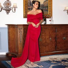 Elegant Red Satin Off Shoulder Evening Dress