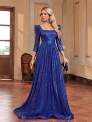 Elegant Sequin Blue Long Sleeved Evening Dress