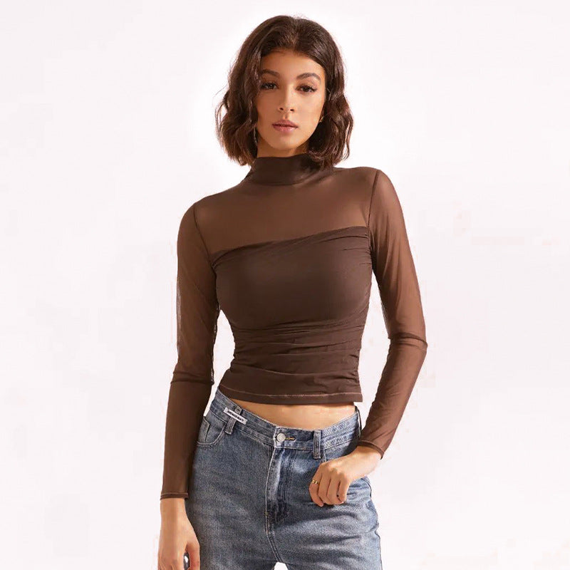 Women Turtleneck Mesh Long Sleeve See through Short Top