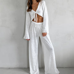 Knitted Tied Lotus Leaf Cropped Top Pajamas Two-Piece Sets