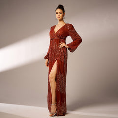 High End Long Sleeve Sequine Cocktail Evening Dress