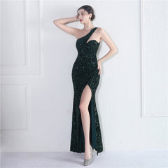 Elegant Velvet Bottom Sequin One Shoulder Evening Dress