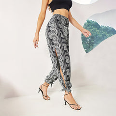 Loose Elegant Printed Hem Slit Trousers