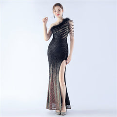 Elegant Gradient Sequin Beaded Feather Evening Dress