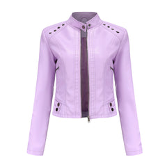 Women Rivets Leather Short Thin Stand Collar Jacket