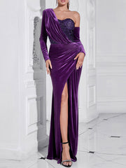 One Shoulder Long Sleeve Purple Sequined Slit Evening Dress